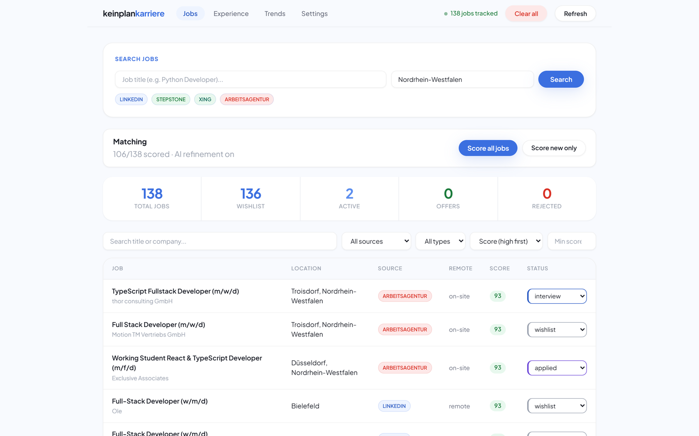The KeinplanKarriere dashboard showing 138 tracked jobs with match scores and application statuses