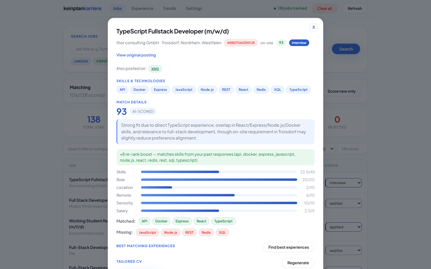 Job detail view with score breakdown